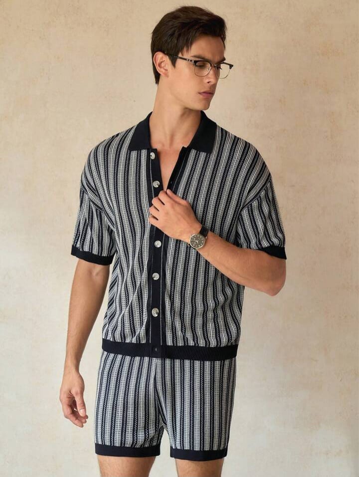Men's Casual Striped Knit Shirt & Short Set